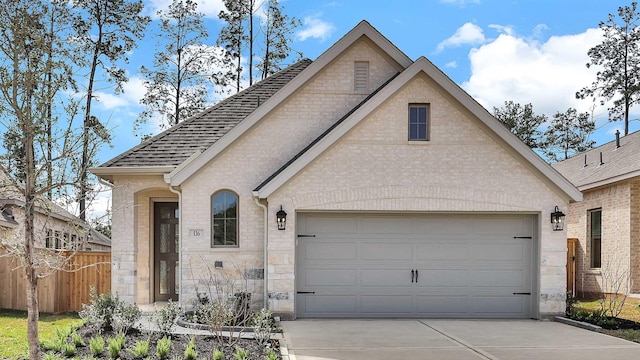 view of front of house with a garage, brick siding, fence, concrete driveway, and roof with shingles