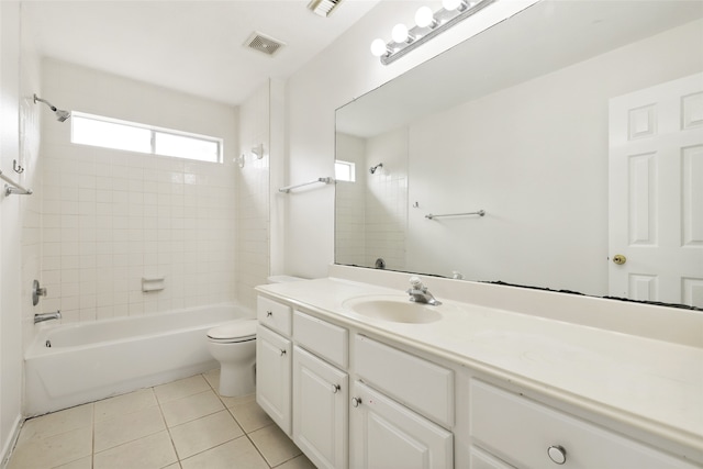 full bathroom featuring tiled shower / bath, tile patterned flooring, vanity, and toilet