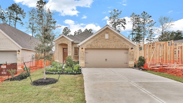 view of front of property featuring a front lawn and a garage