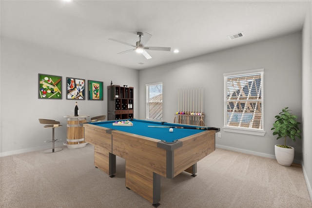 rec room featuring ceiling fan, light carpet, and billiards