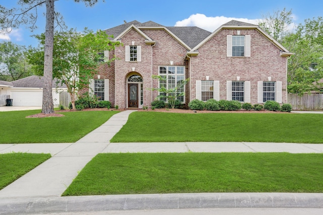 view of front facade with a front yard and a garage