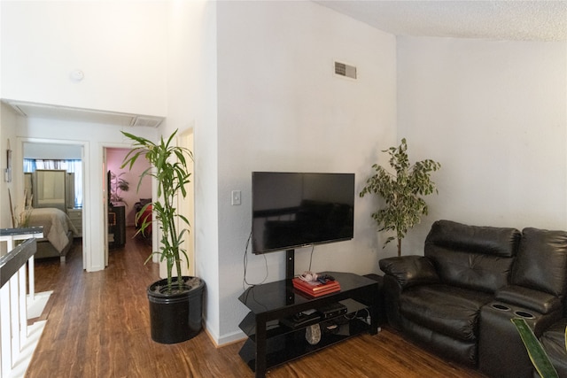 living room featuring lofted ceiling and dark hardwood / wood-style flooring