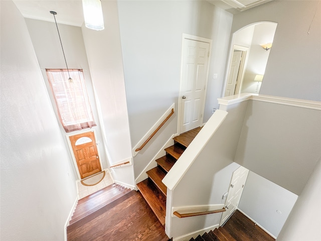 stairs with hardwood / wood-style floors