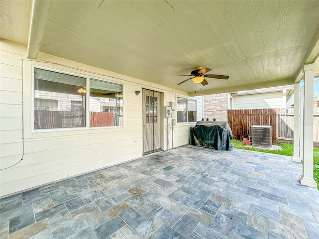 view of patio featuring ceiling fan, central AC, and grilling area