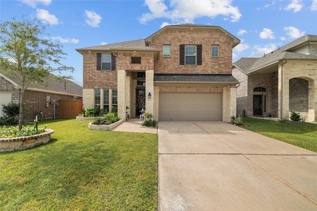 view of front facade featuring a front lawn and a garage