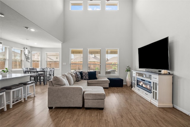 living room featuring dark wood-type flooring, a healthy amount of sunlight, and a high ceiling