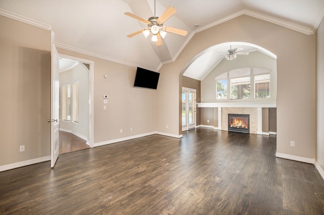 unfurnished living room with ornamental molding, ceiling fan, and dark hardwood / wood-style flooring