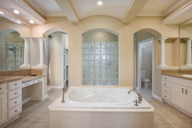 full bathroom with toilet, shower with separate bathtub, vanity, and ornate columns