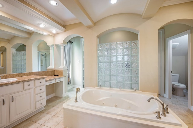 full bathroom with ornate columns, toilet, tile patterned flooring, vanity, and shower with separate bathtub