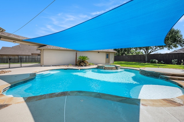 view of pool with a patio, an in ground hot tub, and a yard