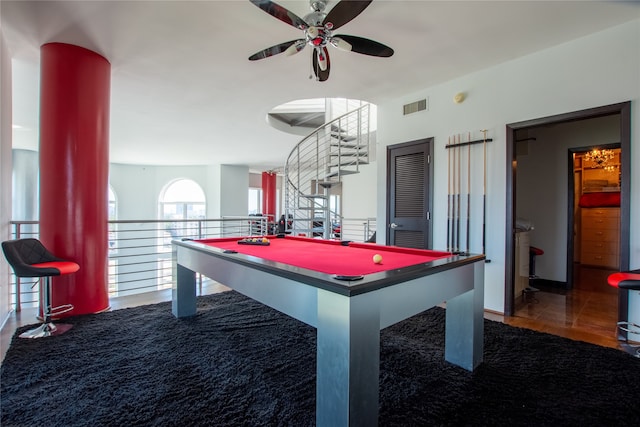 recreation room featuring ceiling fan and billiards