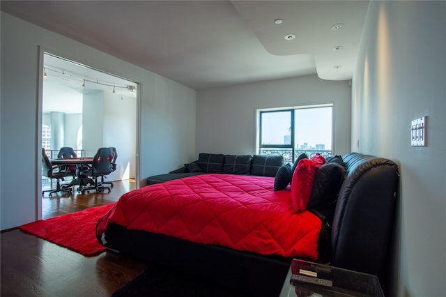 bedroom with wood-type flooring and rail lighting