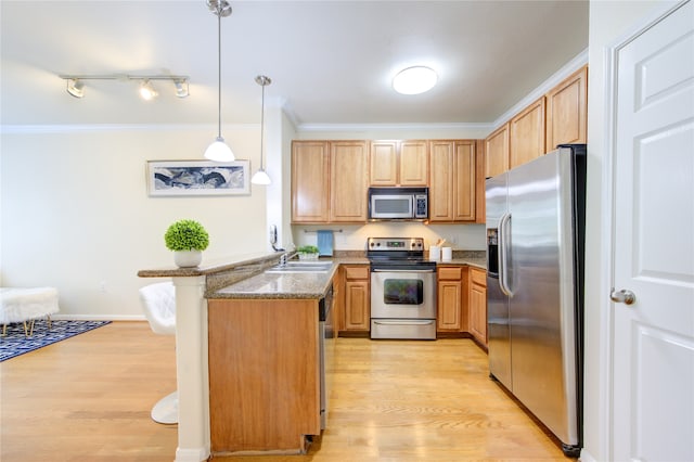 kitchen with kitchen peninsula, appliances with stainless steel finishes, sink, light hardwood / wood-style floors, and decorative light fixtures