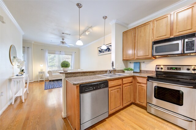 kitchen with light hardwood / wood-style floors, kitchen peninsula, stainless steel appliances, and hanging light fixtures