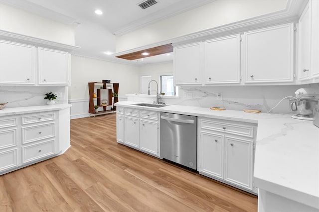 kitchen featuring decorative backsplash, sink, stainless steel dishwasher, white cabinets, and light hardwood / wood-style floors