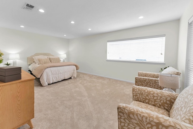 carpeted bedroom with visible vents, recessed lighting, and baseboards