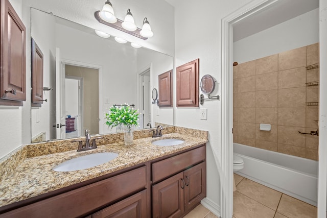 full bathroom with vanity, toilet, tile patterned floors, and tiled shower / bath