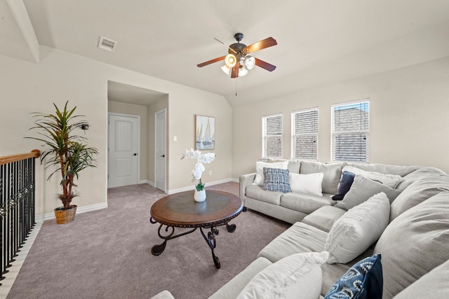 carpeted living room featuring ceiling fan