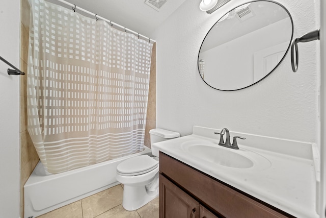 full bathroom with vanity, tile patterned flooring, toilet, and shower / bathtub combination with curtain