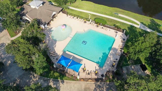 drone / aerial view featuring a water view