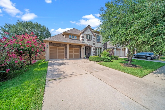 view of front of home with a front yard and a garage