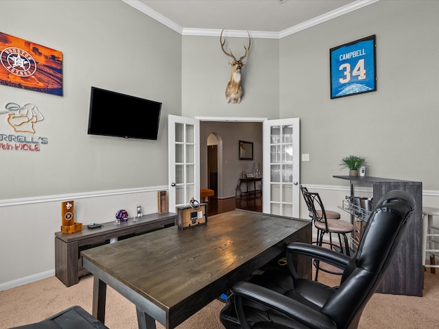 office area featuring ornamental molding, light carpet, and french doors