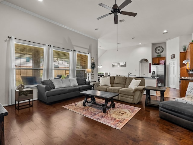 living room featuring ceiling fan, plenty of natural light, and dark wood-type flooring