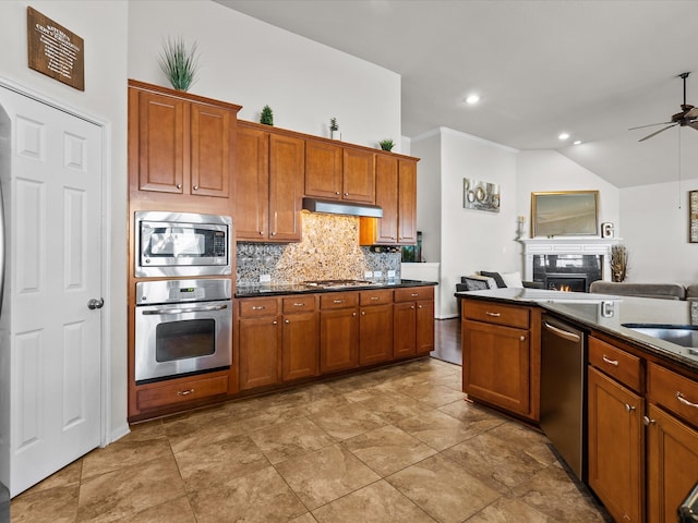 kitchen with lofted ceiling, crown molding, decorative backsplash, ceiling fan, and appliances with stainless steel finishes