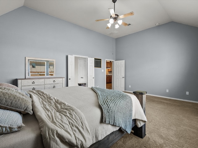 carpeted bedroom with ceiling fan and high vaulted ceiling