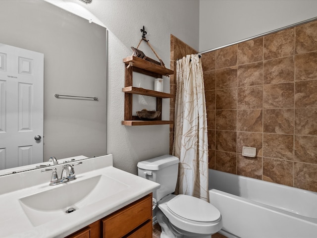 full bathroom featuring shower / bath combination with curtain, vanity, and toilet