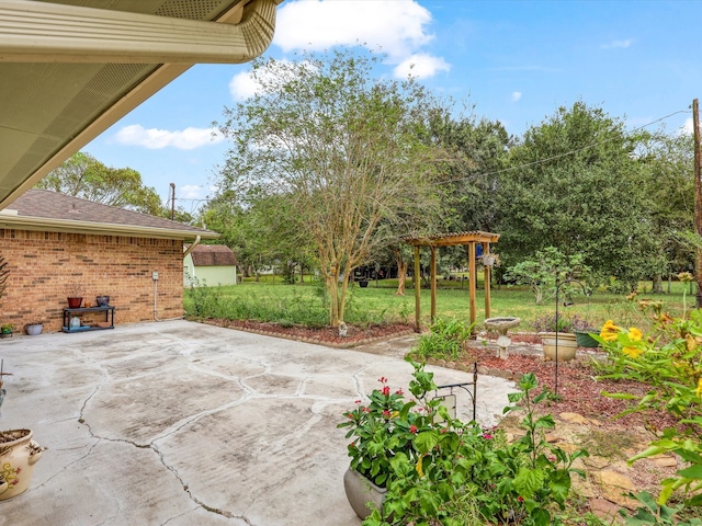 view of patio featuring a shed