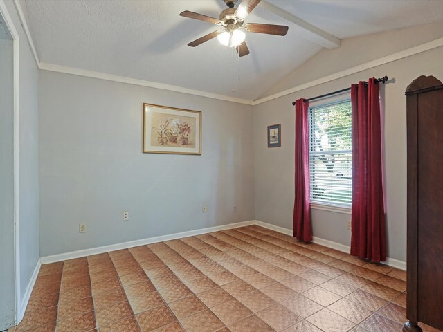 spare room with ceiling fan, crown molding, a textured ceiling, and vaulted ceiling with beams