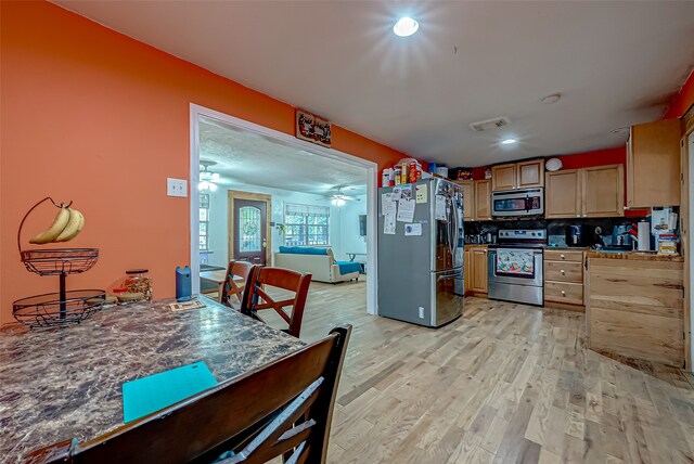 kitchen featuring tasteful backsplash, ceiling fan, light hardwood / wood-style floors, and appliances with stainless steel finishes