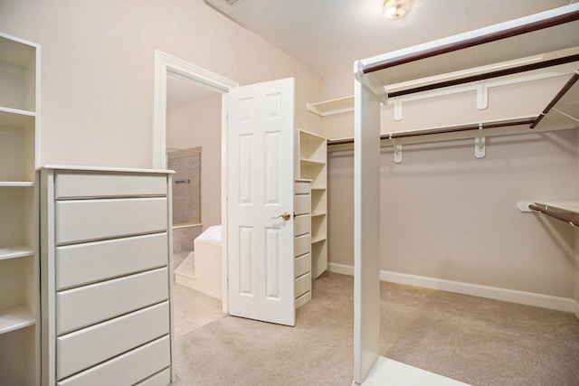 walk in closet featuring light colored carpet