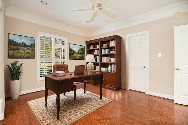 office space with ornamental molding, ceiling fan, and hardwood / wood-style floors