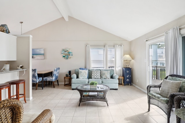 tiled living room featuring lofted ceiling with beams