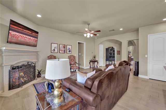 living room featuring ceiling fan