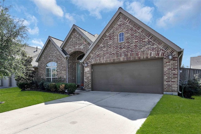 view of front of house with a front yard and a garage