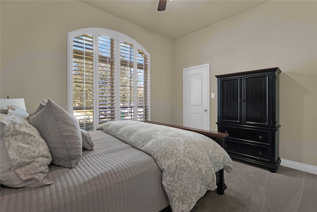 bedroom featuring ceiling fan and carpet floors