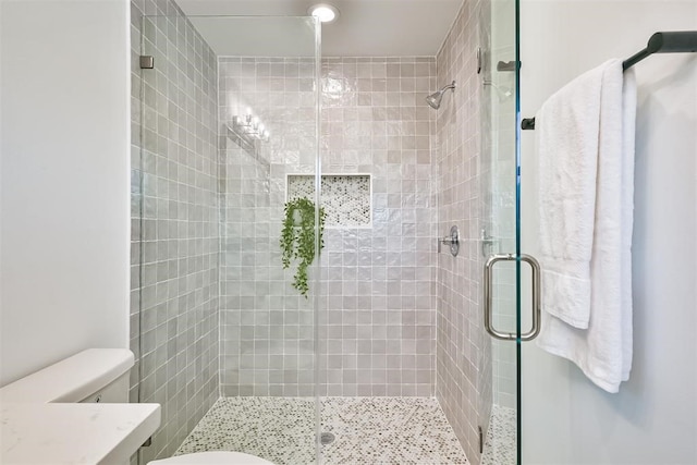 bathroom with a shower with door, vanity, and toilet