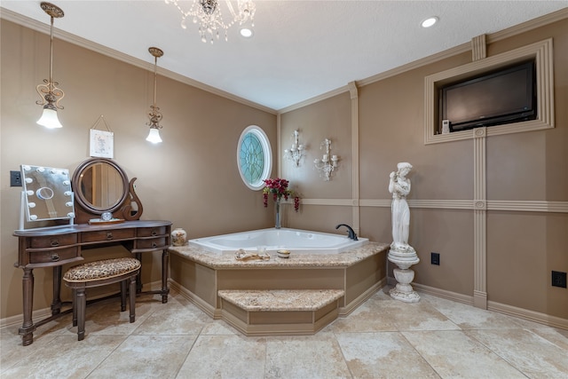 bathroom with tile patterned flooring, crown molding, baseboards, and a bath