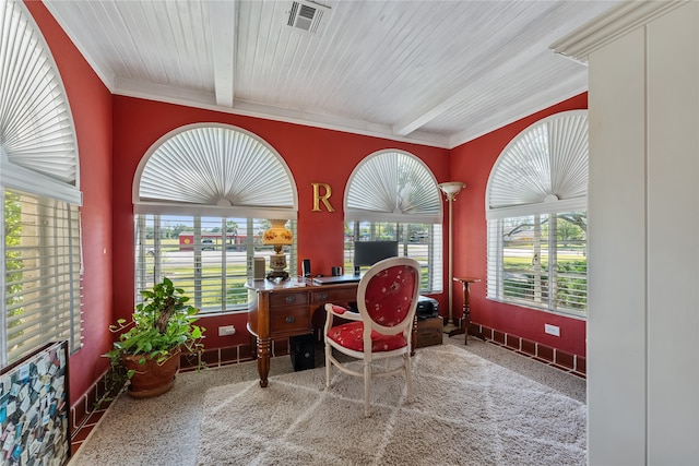 home office with beamed ceiling and wood ceiling