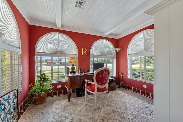 sunroom with beam ceiling and visible vents