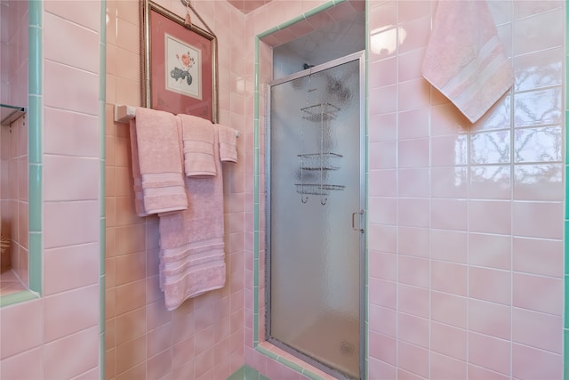 bathroom featuring a shower with door