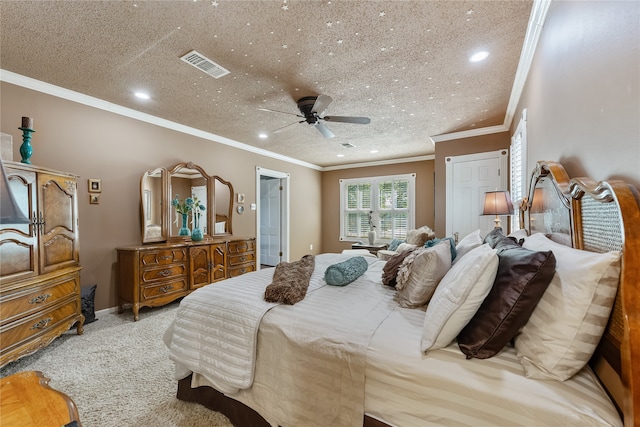 carpeted bedroom featuring visible vents, ceiling fan, ornamental molding, a textured ceiling, and recessed lighting