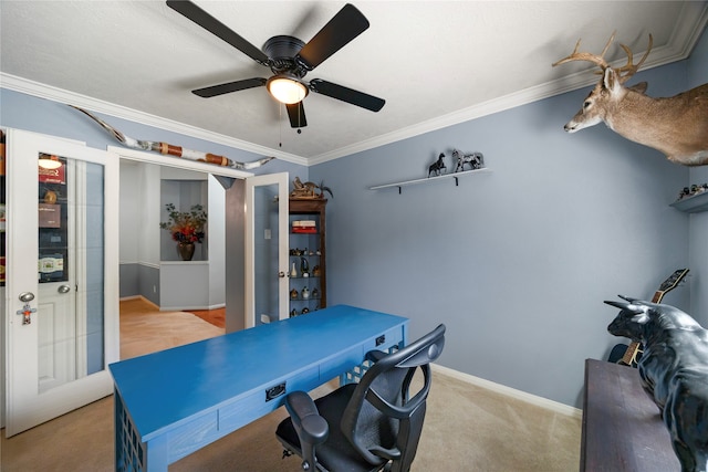 office with light colored carpet, ceiling fan, and crown molding