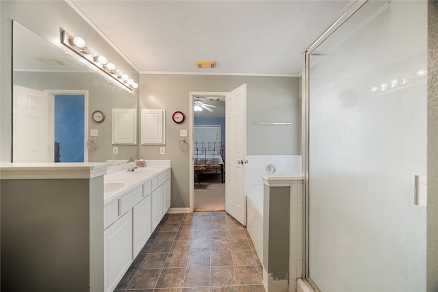 bathroom featuring crown molding, vanity, ceiling fan, and separate shower and tub