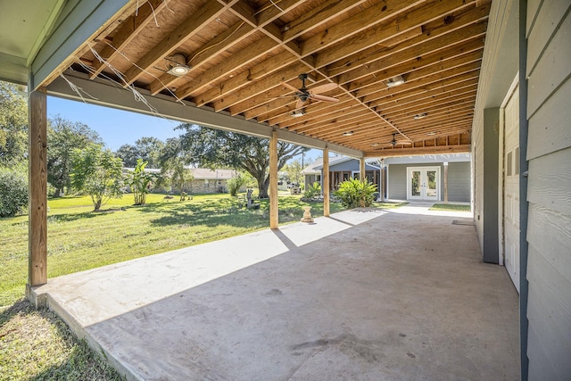 view of patio featuring french doors and ceiling fan