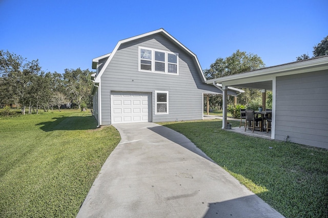 view of property exterior featuring a patio area, a yard, and a garage