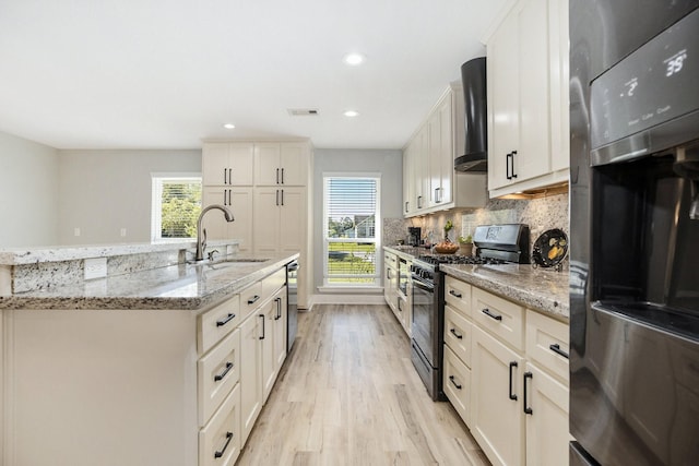 kitchen featuring stainless steel appliances, a wealth of natural light, wall chimney exhaust hood, and sink